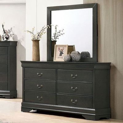 Louis Philippe gray transitional dresser with mirror, stylish design and multiple storage drawers for bedroom organization.