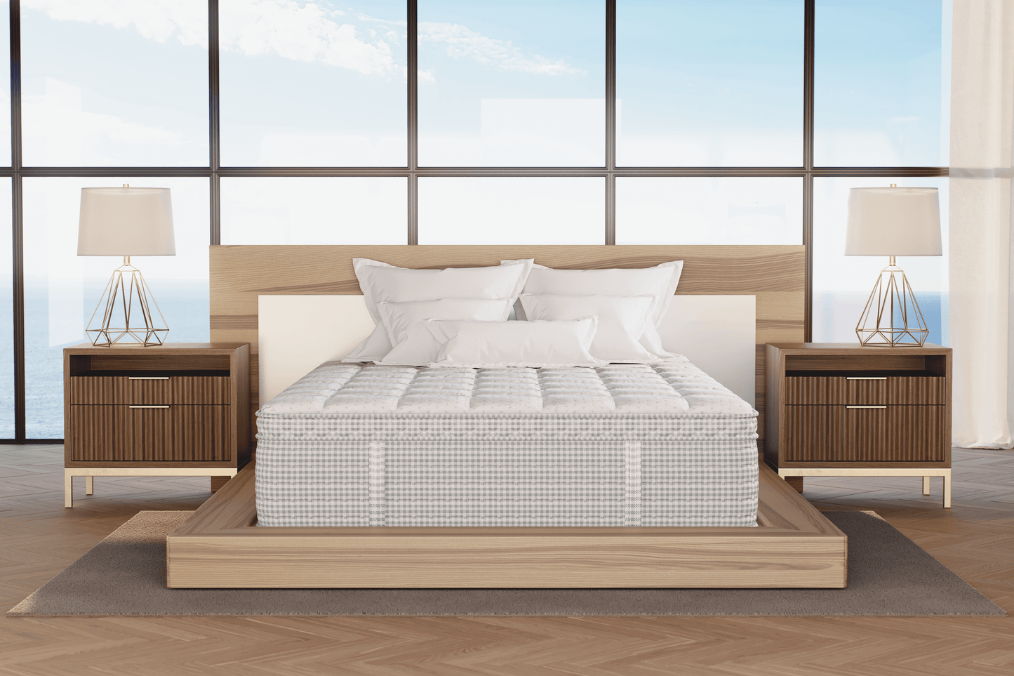 Luxurious Diamond Lucille Firm Natural Latex Euro Top 15" mattress in a modern bedroom with scenic views.