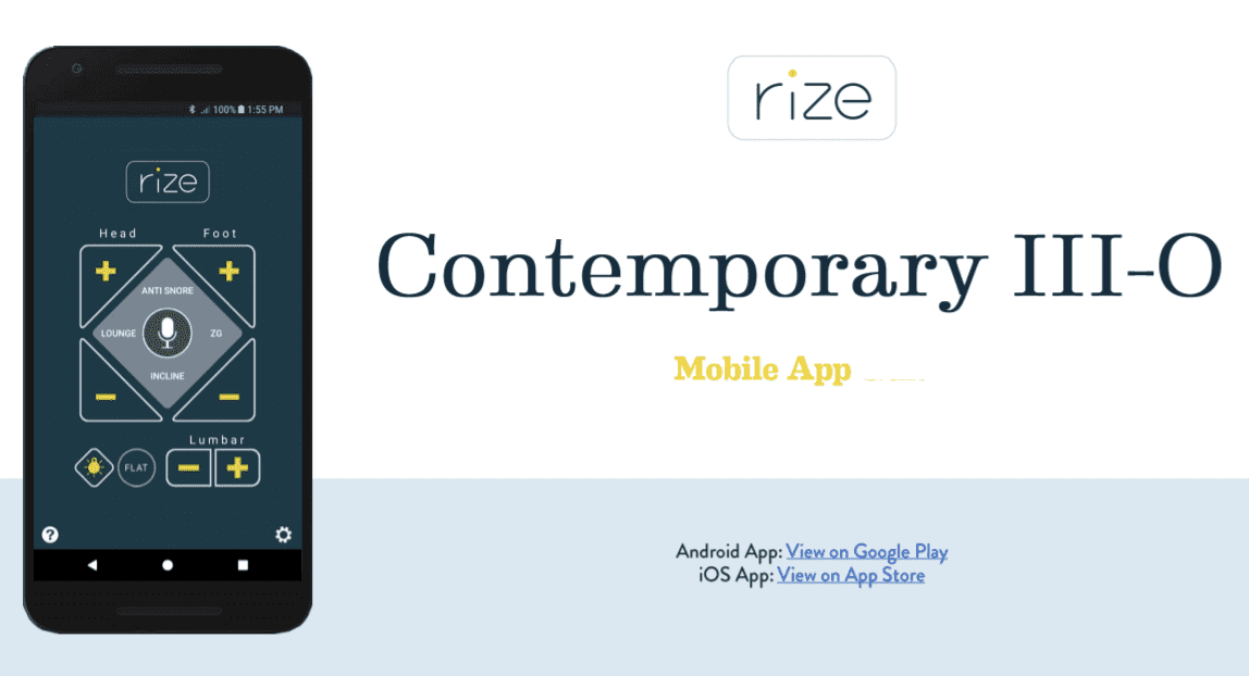 Rize Contemporary III-O mobile app interface showcasing adjustable bed controls for head, foot, and lumbar support.