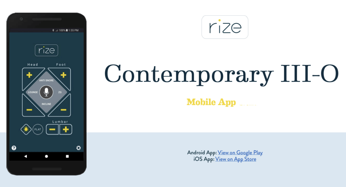 Rize Contemporary III-O mobile app interface for adjustable bed control with head and foot settings.