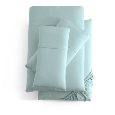 Malouf Smooth Rain Bamboo Rayon Sheet Set in soft mint green, featuring silky breathable fabric for comfortable sleep.