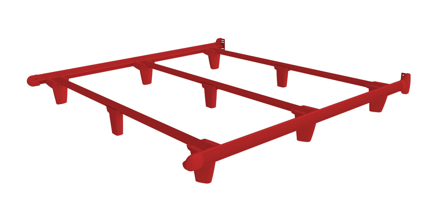 Red bed frame foundation with sturdy support bars and legs, designed for enhanced durability and strength.