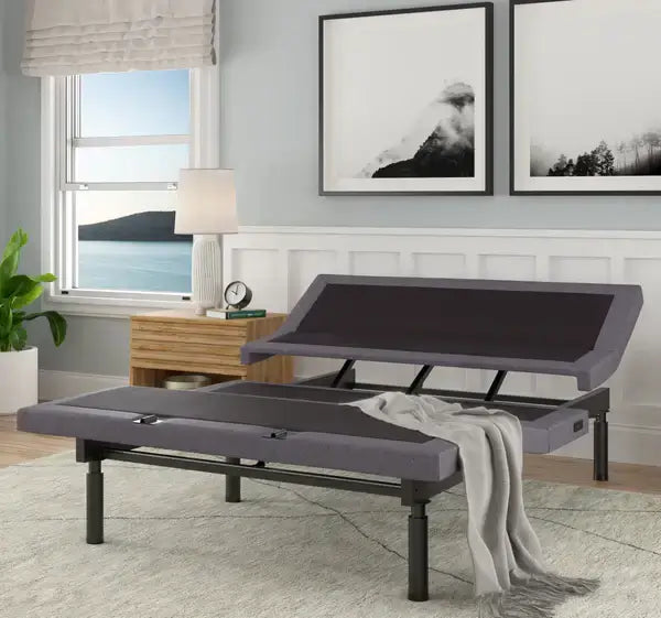 Rize® Remedy III Adjustable Base in modern bedroom setting with customizable head tilt and cozy decor.