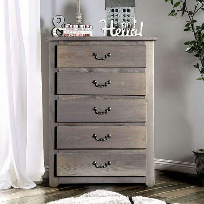 Rockwall Gray Chest by FOA, featuring five drawers in rustic weathered gray pine wood, perfect for stylish storage solutions.