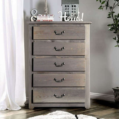 Rockwall Gray Chest by FOA, featuring five drawers in rustic weathered gray pine wood, perfect for stylish storage solutions.
