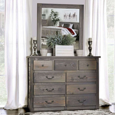 Rockwall Gray Dresser with mirror, featuring rustic weathered gray pine wood and American pine construction.