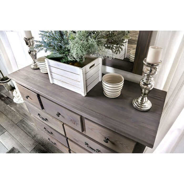 Rockwall Gray Dresser top view with decorative items, featuring rustic pine wood and elegant candles.
