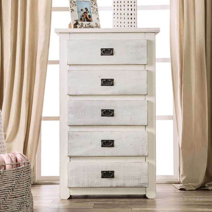Rockwall White Chest by FOA featuring five drawers and a weathered barn finish, perfect for a casual bedroom decor.