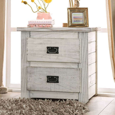 Rockwall White Nightstand by FOA with two drawers and weathered barn finish, adding rustic charm to your bedroom decor.