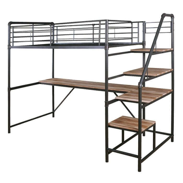 Rowley bed/workstation metal bunk bed with a built-in desk and industrial-style stairs for kids' rooms.