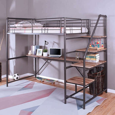 Rowley Bed/Workstation metal bunk bed with desk and shelves, perfect for kids' study and playrooms.