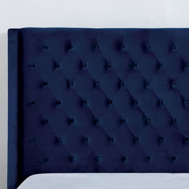 Ryleigh Navy Blue Transitional Bed headboard featuring tufted flannelette fabric for an elegant bedroom design.