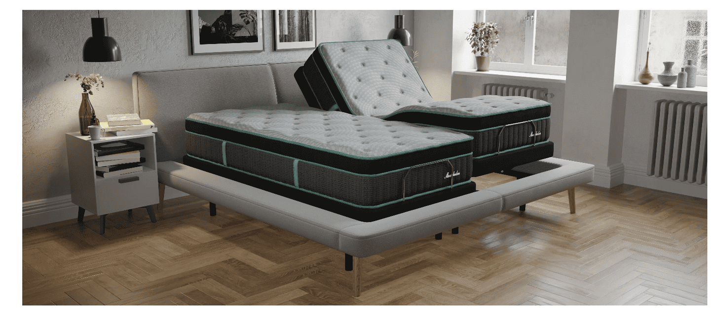 Southerland Scandinavian Stockholm Luxury Firm Euro Top mattress on an adjustable base in a modern bedroom setting.