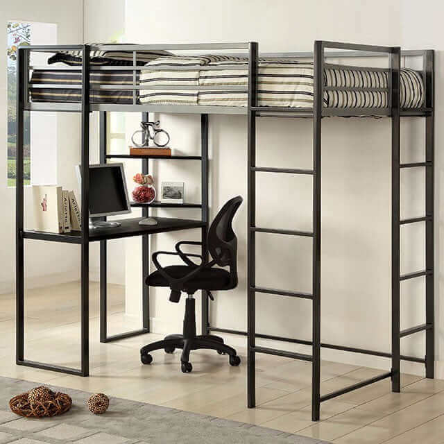 Sherman Silver Gun Metal Bunk Bed with built-in desk, shelves, and attached ladder in contemporary design.