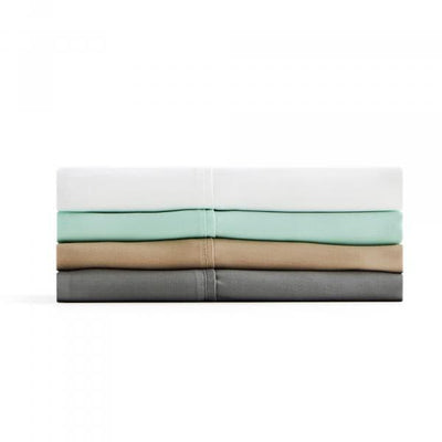 Folded Malouf Tencel™ Lyocell pillowcase set in white, mint, tan, and gray colors on a light background.