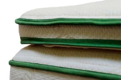Close-up of Harvest Green Soft Natural Latex mattress topper, showcasing organic cotton cover and plush, green trim detail.