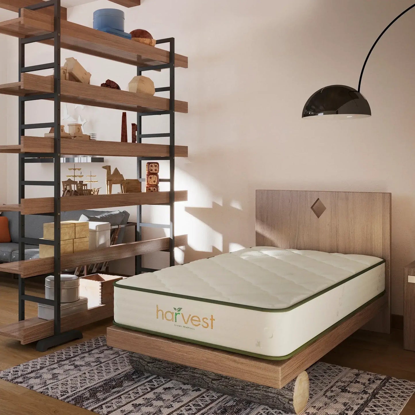 Harvest Green GOTS certified 10" mattress on a modern bed frame in a stylish bedroom setting with wooden shelves.