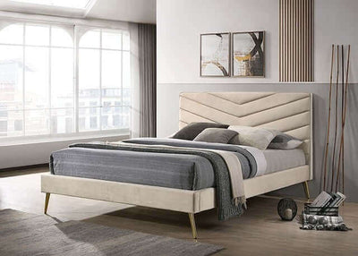 Vivar Mid Century Beige Bed featuring chevron tufted headboard and gold-plated legs in a modern bedroom setting.