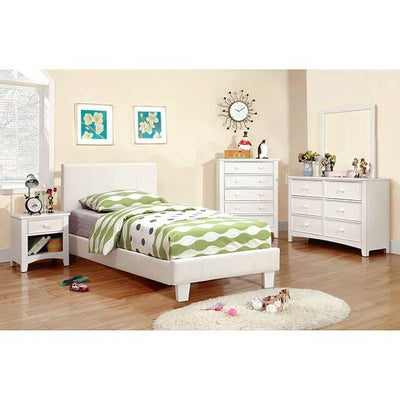 Contemporary white platform bed with padded headboard, green polka dot bedding, and matching bedroom furniture.