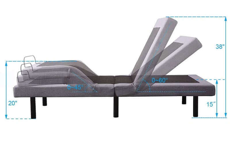 Adjustable base showcasing multiple head and foot positions with measurements for optimal comfort and convenience.