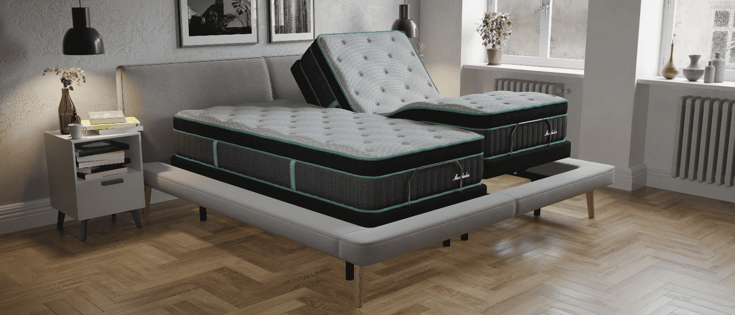 Southerland Scandinavian Collection latex foam mattress on an adjustable base in a modern bedroom setting.