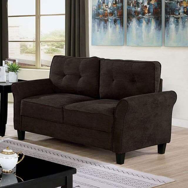 Alissa Brown Fabric Tufted Loveseat featuring plush button tufting and tapered wood legs in a cozy living room setting.