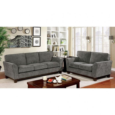 Caldicot dark gray loveseat and sofa set in modern living room with clean lines and flared arms.