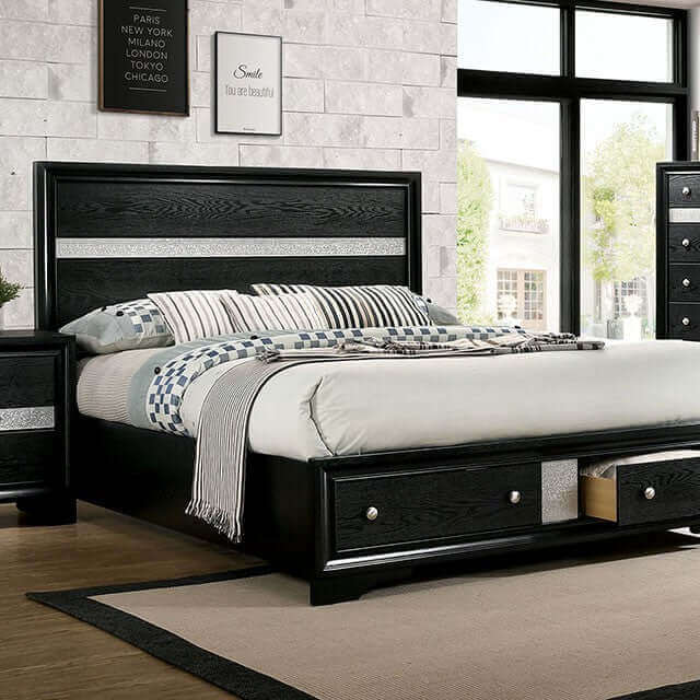 Chrissy Black Storage Bed featuring a sleek design, silver accents, and spacious under-bed storage in a modern bedroom setting.