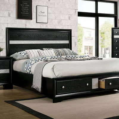 Chrissy Black Storage Bed featuring a sleek design, silver accents, and spacious under-bed storage in a modern bedroom setting.