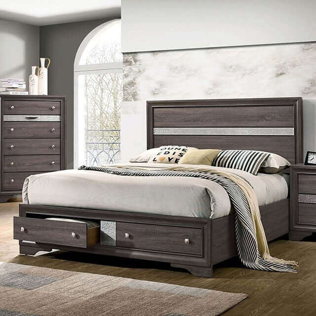 Chrissy Gray 4pc Bedroom Set featuring a sleek bed and stylish dresser with silver accents for a modern decor.
