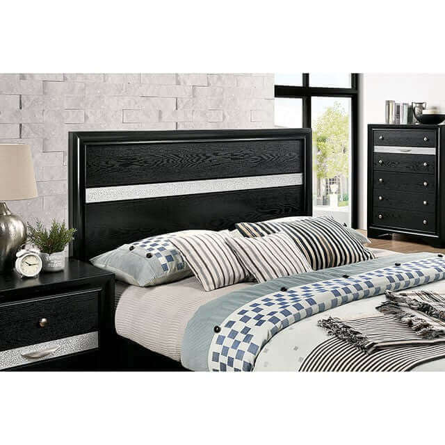 Chrissy Black Storage Bed featuring sleek black finish, silver accents, and stylish bedding in modern bedroom setting.