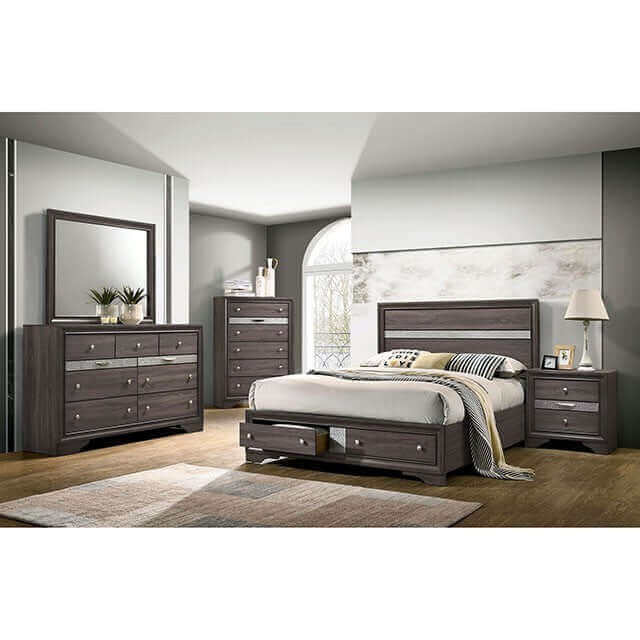 Chrissy Gray 4pc Bedroom Set featuring sleek gray furniture, silver accents, and a modern aesthetic in a well-lit room.