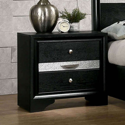 Sleek Chrissy Black Nightstand featuring silver pulls, glamorous finish, and two jewelry drawers for contemporary elegance.