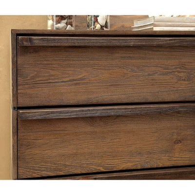 Close-up of Coimbra Natural Dresser featuring rustic wood grain, flat sturdy base, and wooden bar handles.
