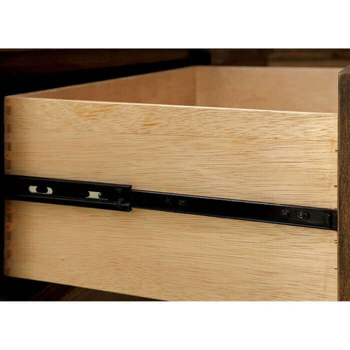 Close-up of a rustic wooden nightstand drawer showcasing smooth sliding mechanisms and a natural finish.