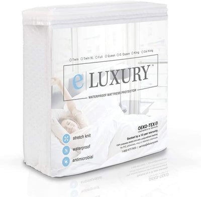 eLuxury waterproof mattress protector packaging, hypoallergenic, available sizes from Twin to California King.