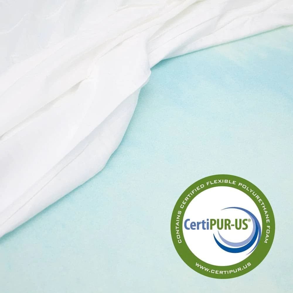 CertiPUR-US certified gel memory foam mattress topper with white bedding, showcasing temperature-regulating features.