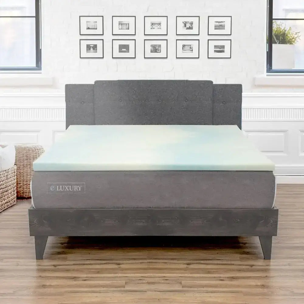 eLuxury 3-inch temperature regulating gel memory foam mattress topper on a modern bed frame in a stylish bedroom setting.