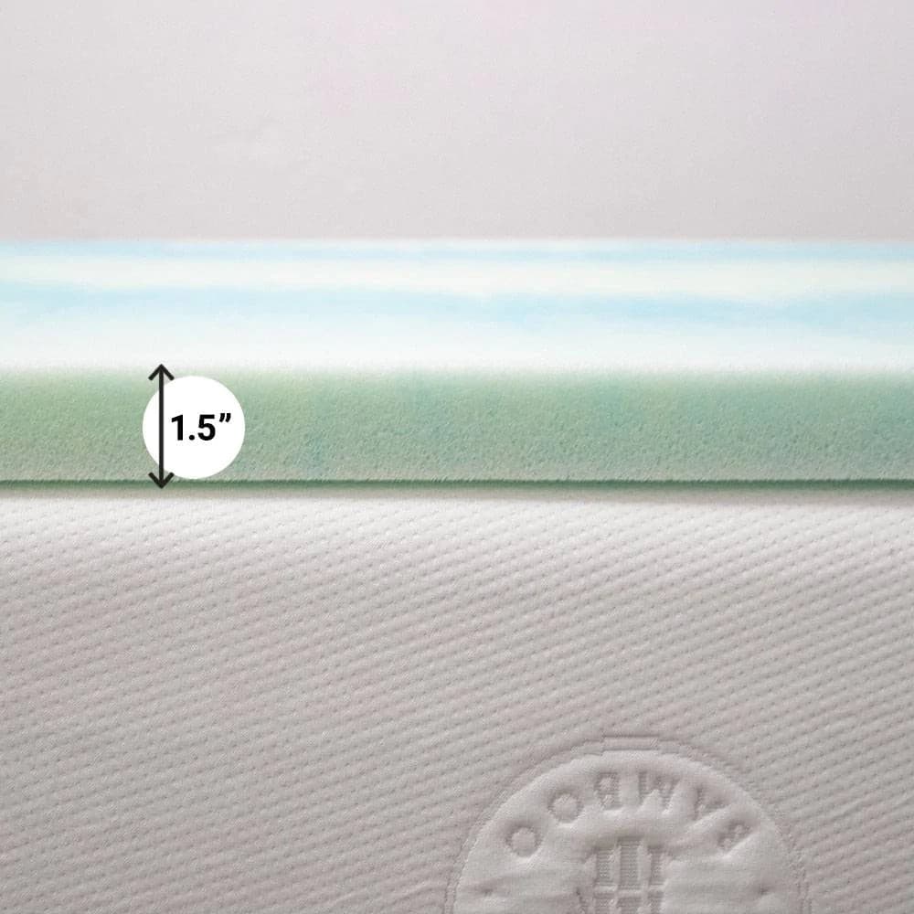 Temperature regulating 1.5-inch gel memory foam mattress topper showing thickness and texture for optimal sleep comfort.