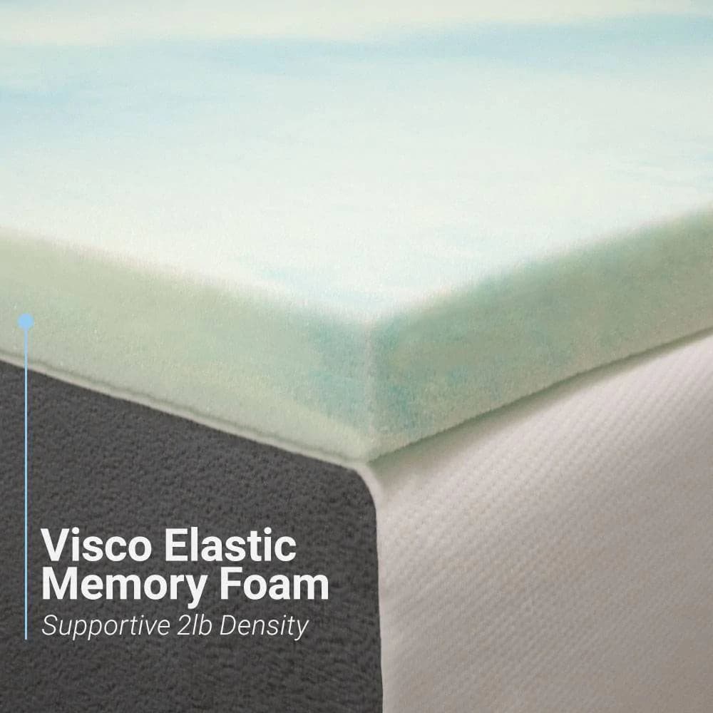 Visco elastic memory foam mattress topper with supportive 2lb density for optimal comfort and pressure relief.