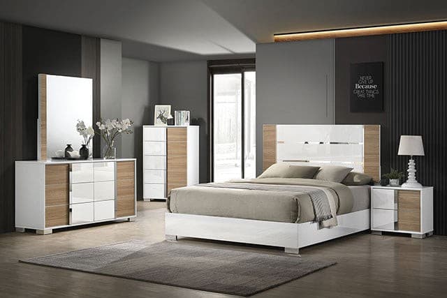 Modern Erlangen White Bed with natural wood accents, stylish furniture set in a contemporary bedroom interior.