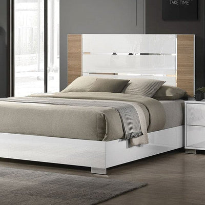 Modern Erlangen white bed with natural wood accents and sleek chrome handles, perfect for contemporary interiors.