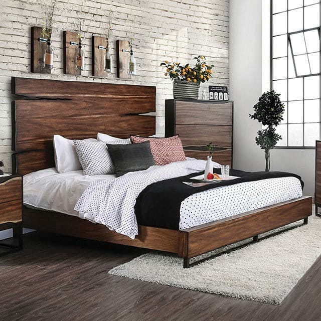 Fulton Dark Oak Panel Bed showcasing rustic charm in a stylish bedroom with modern decor and natural light.