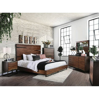 Fulton Dark Oak Panel Bed in a modern bedroom setting with rustic accents and natural light.