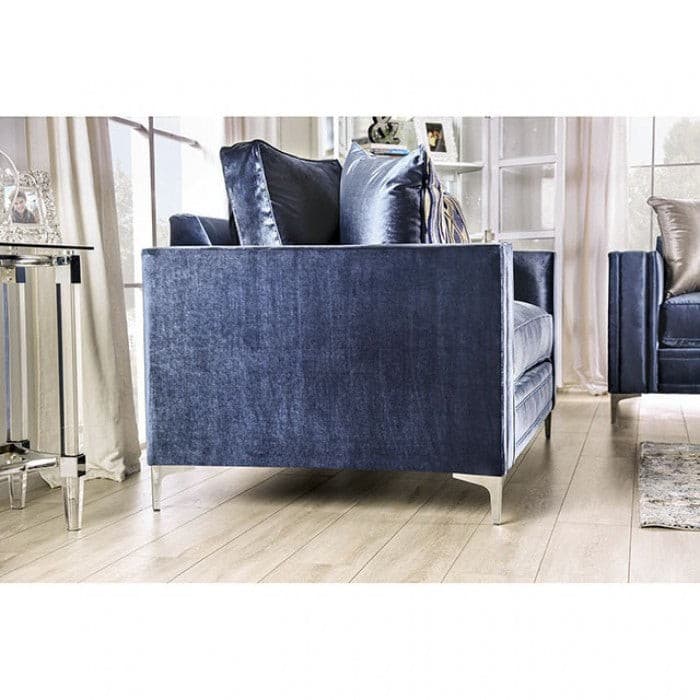 Back view of Jodie Satin Blue Contemporary Sofa with track arms and chrome legs, showcasing its stylish design.