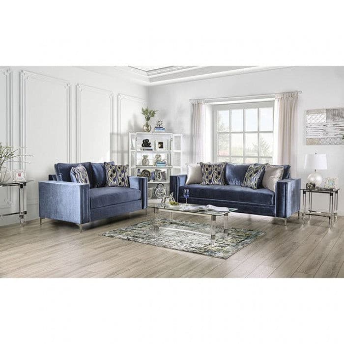 Jodie Satin Blue Contemporary Sofa set with matching pillows in a stylish living room setting.