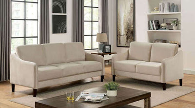 Modern beige contemporary loveseat and sofa set with walnut legs in a stylish living room setting.