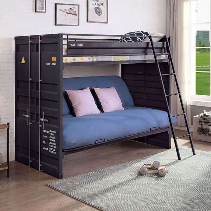Sleek Lafray Industrial Metal Futon/Bunk Bed with guard rail and ladder, perfect for kids' sporty themes.