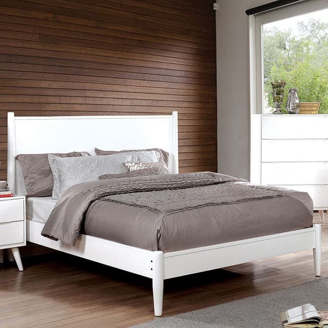 Modern Lennart White Platform Bed with gray bedding in a stylish bedroom setting, showcasing mid-century design elements.
