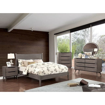 Modern Lennart Gray Platform Bed with flared legs and coordinating furniture in a stylish bedroom setting.